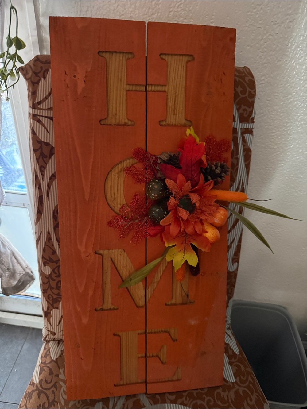 Orange 'HOME' Wooden Wall Accent with Fall Floral Bouquet